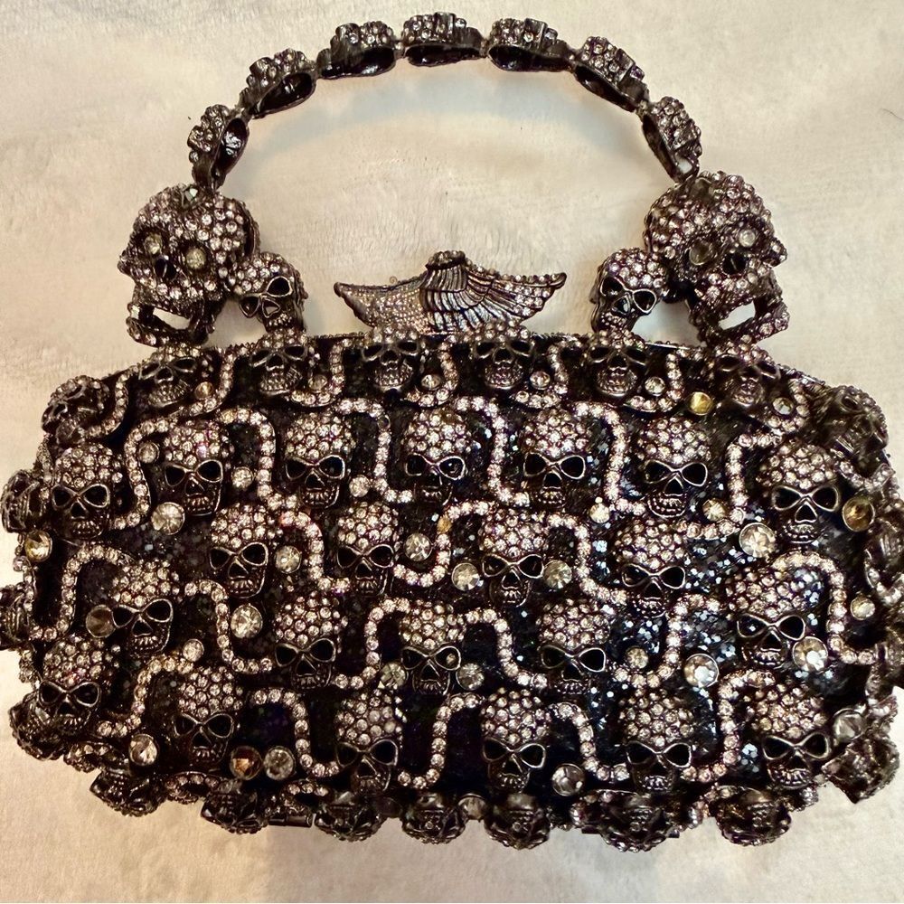 Charles Dary Embellished Swarovski Crystal Skulls and Wings Convertible Clutch